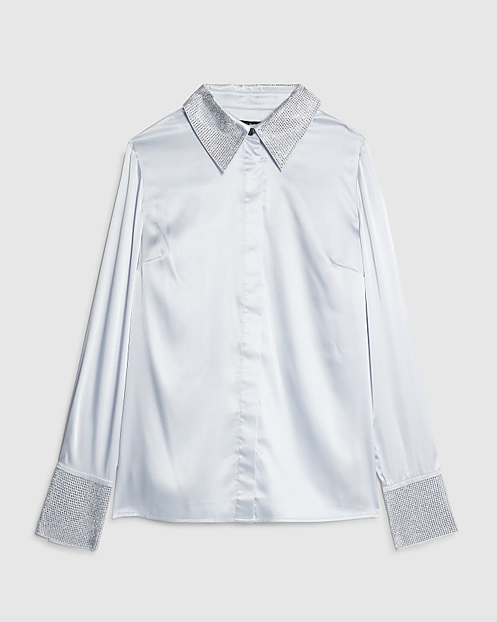 Blue Satin Embellished Collared Shirt