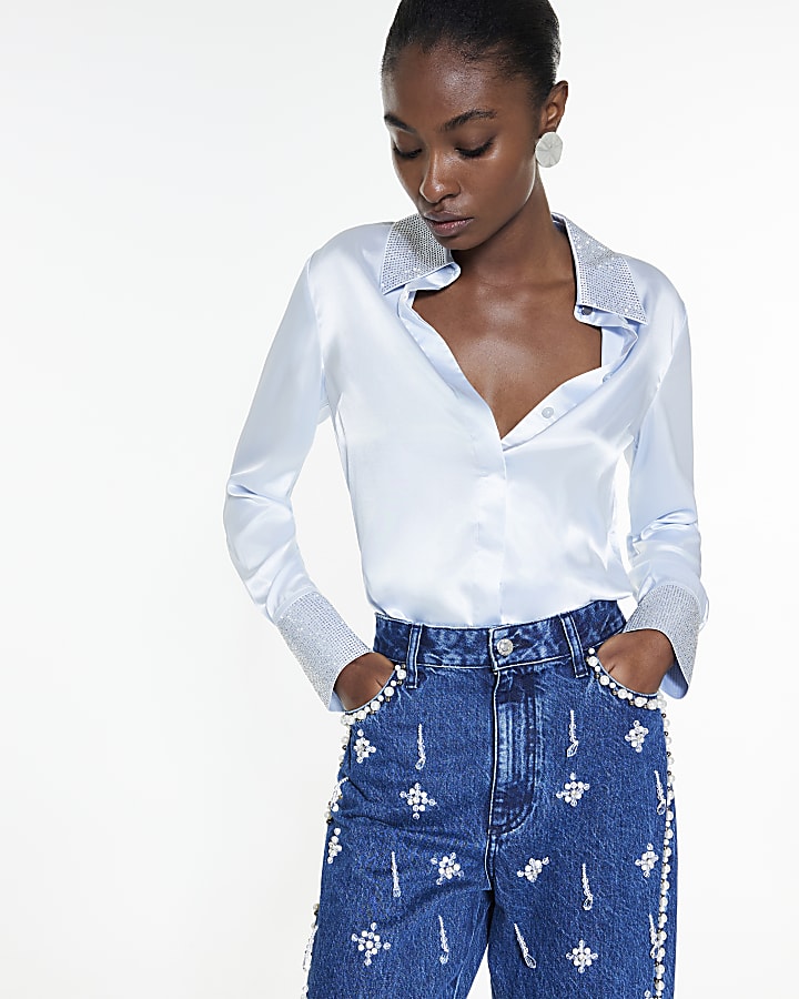 Blue Satin Embellished Collared Shirt