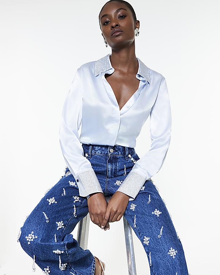 Blue Satin Embellished Collared Shirt