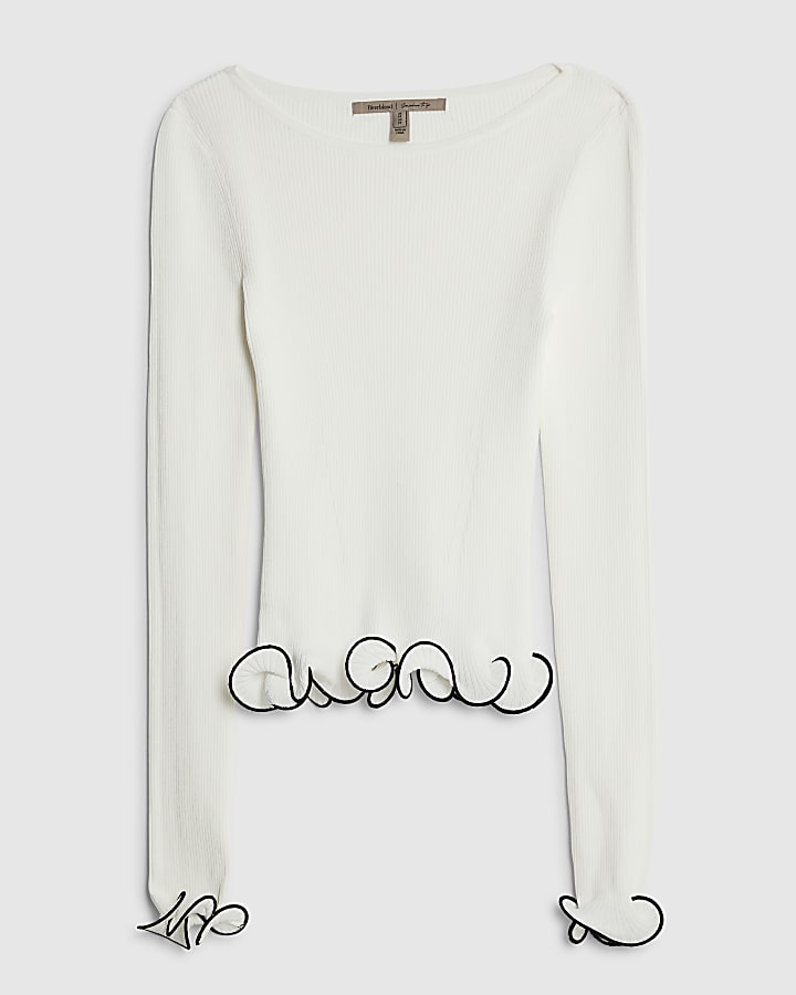 White Knitted Scallop Trim Detail Top