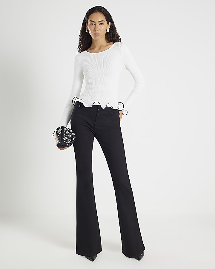 White Knitted Scallop Trim Detail Top