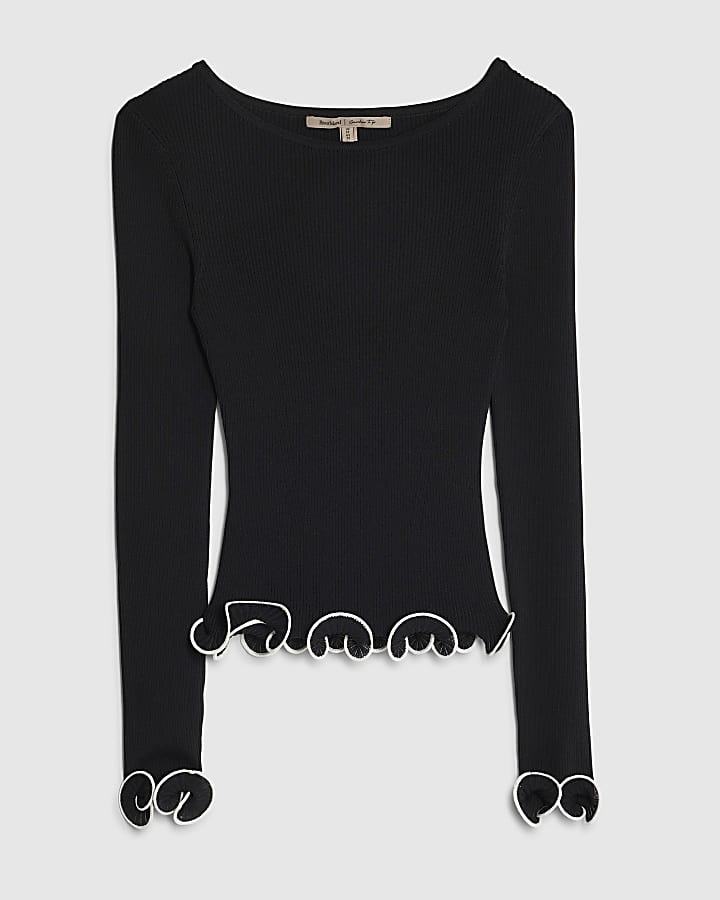 Black Knitted Scallop Trim Detail Top