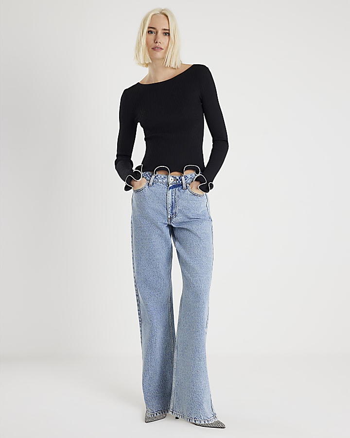 Black Knitted Scallop Trim Detail Top