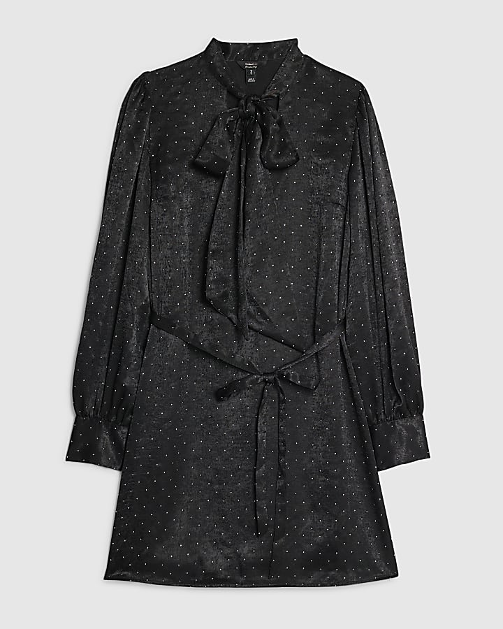Black Bow Studded Long Sleeve Tea Dress