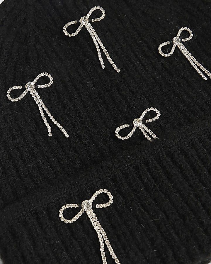 Black Bow Embellished Beanie Hat