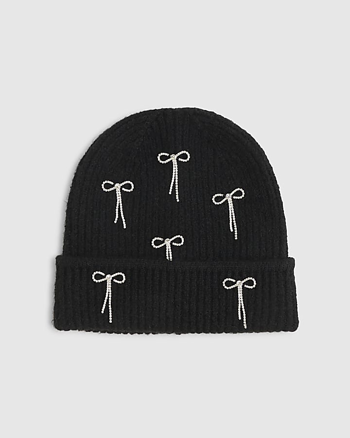 Black Bow Embellished Beanie Hat