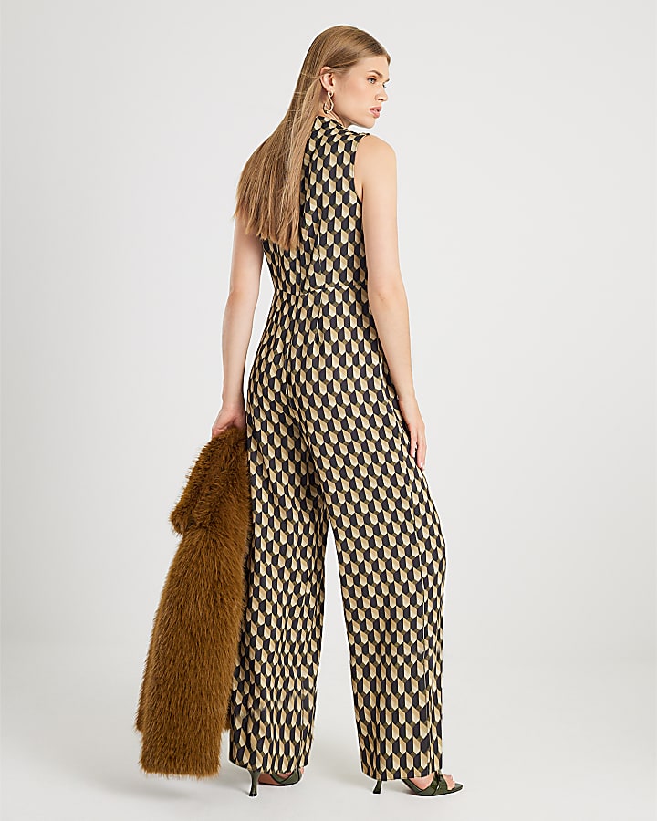 Green Geometric Drape Cowl Jumpsuit