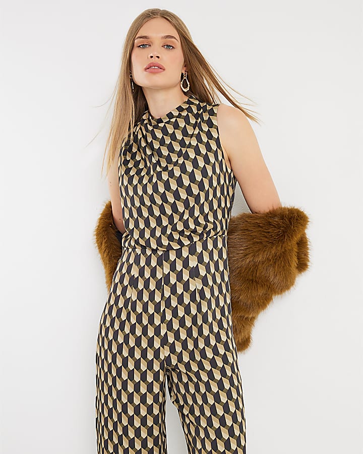 Green Geometric Drape Cowl Jumpsuit