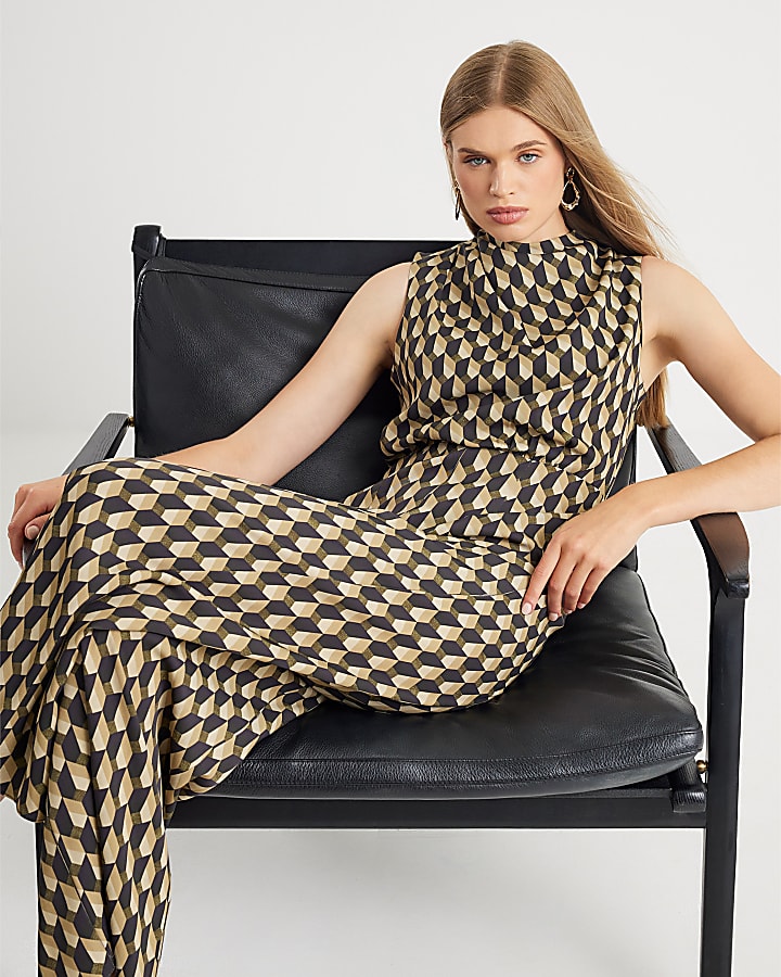 Green Geometric Drape Cowl Jumpsuit