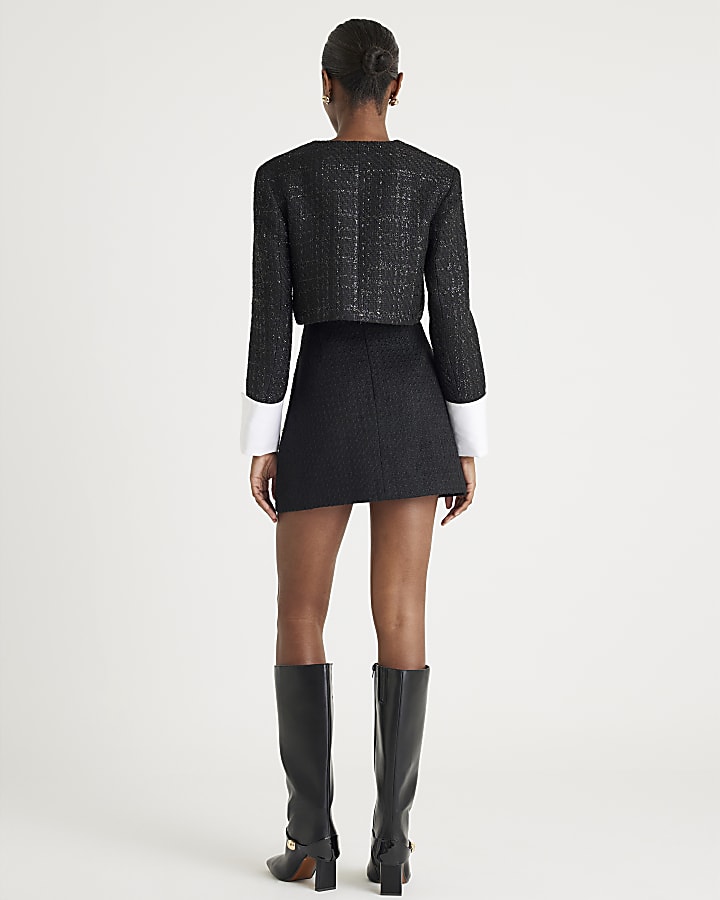 Black Boucle Cropped Hybrid Jacket
