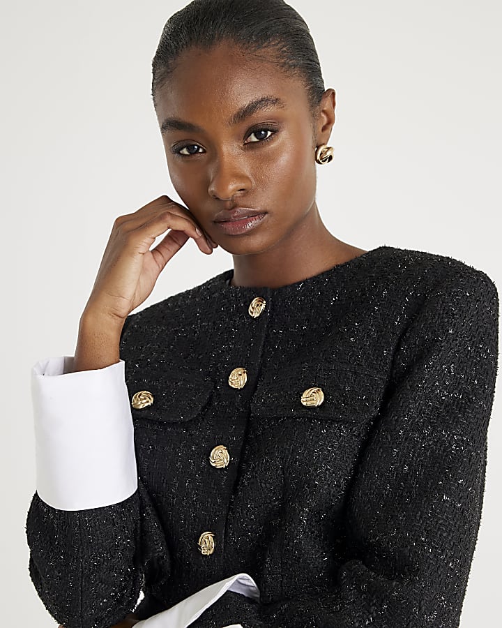 Black Boucle Cropped Hybrid Jacket