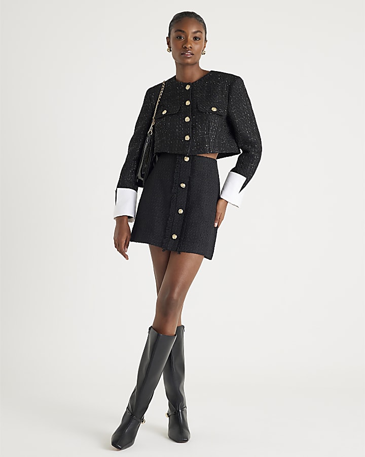 Black Boucle Cropped Hybrid Jacket