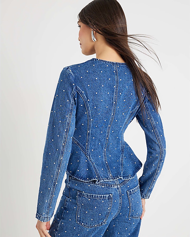 Blue Diamante Peplum Denim Jacket