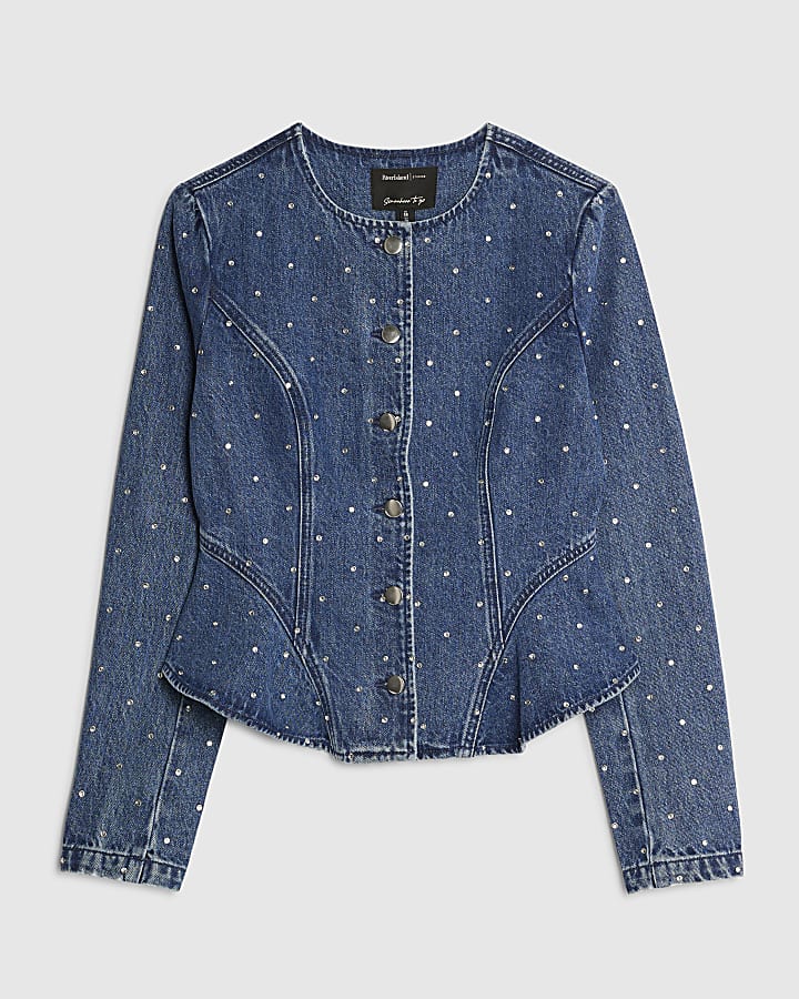 Blue Diamante Peplum Denim Jacket