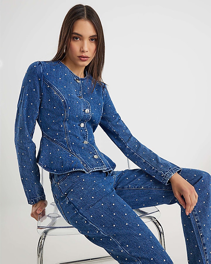 Blue Diamante Peplum Denim Jacket