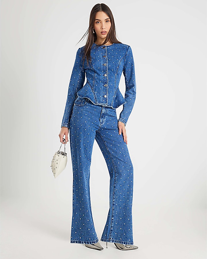 Blue Diamante Peplum Denim Jacket