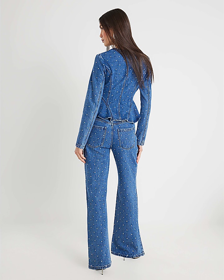 Blue Relaxed Straight Diamante Jeans