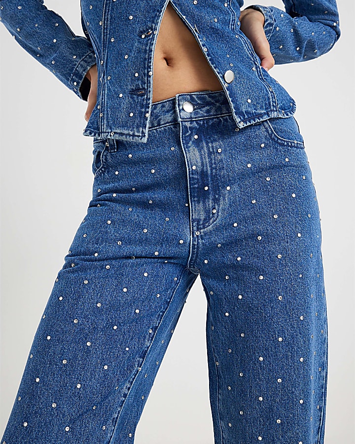 Blue Relaxed Straight Diamante Jeans