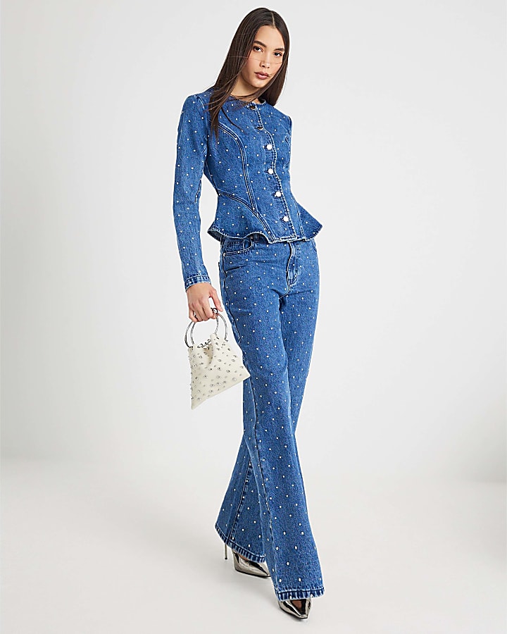 Blue Relaxed Straight Diamante Jeans