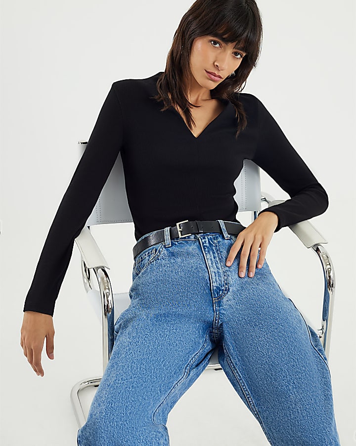 Black Fitted V Neck Top