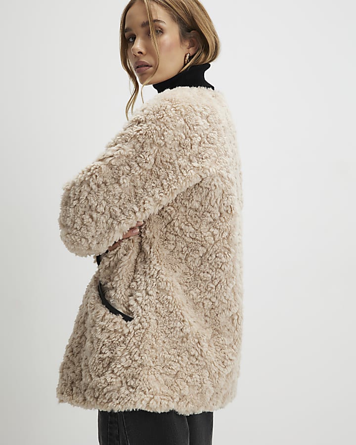 Beige Long Sleeve Tipped Borg Duffle Coat