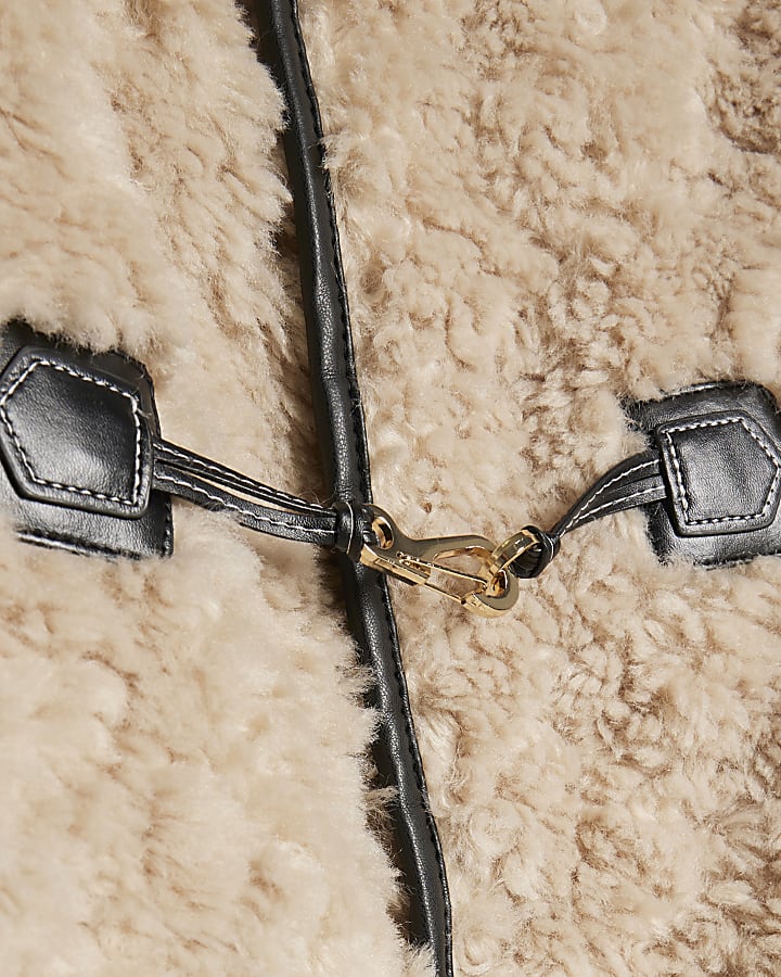 Beige Long Sleeve Tipped Borg Duffle Coat