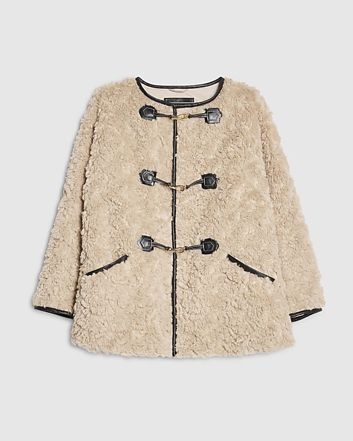 Beige Long Sleeve Tipped Borg Duffle Coat