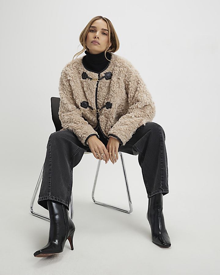 Beige Long Sleeve Tipped Borg Duffle Coat