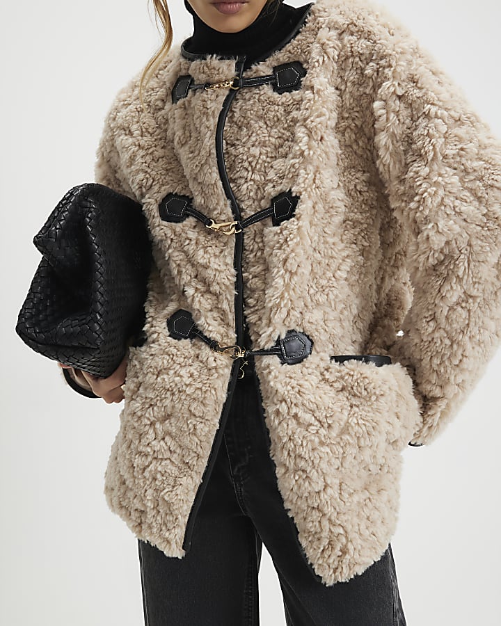 Beige Long Sleeve Tipped Borg Duffle Coat