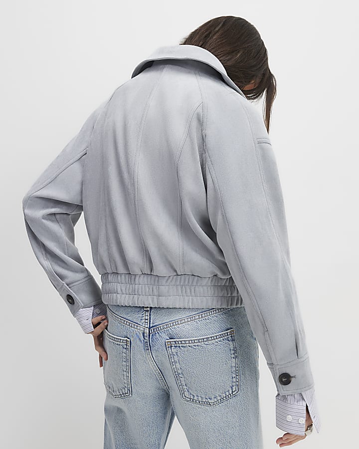 Blue Faux Suede Collared Bomber Jacket