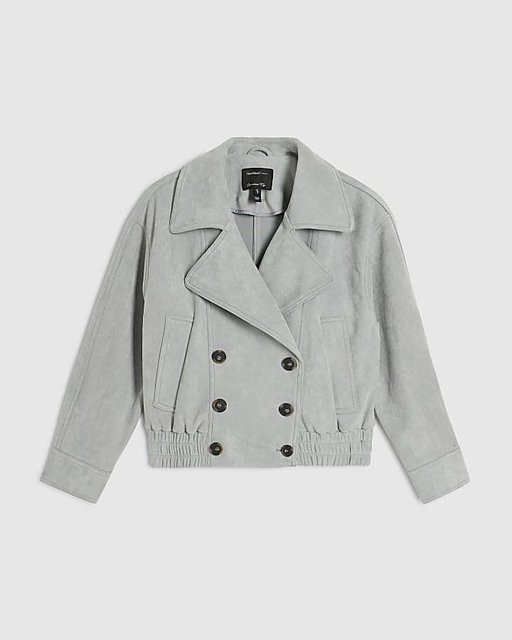 Blue Faux Suede Collared Bomber Jacket