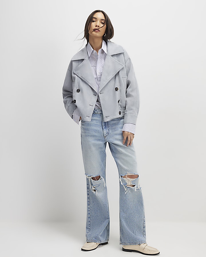 Blue Faux Suede Collared Bomber Jacket