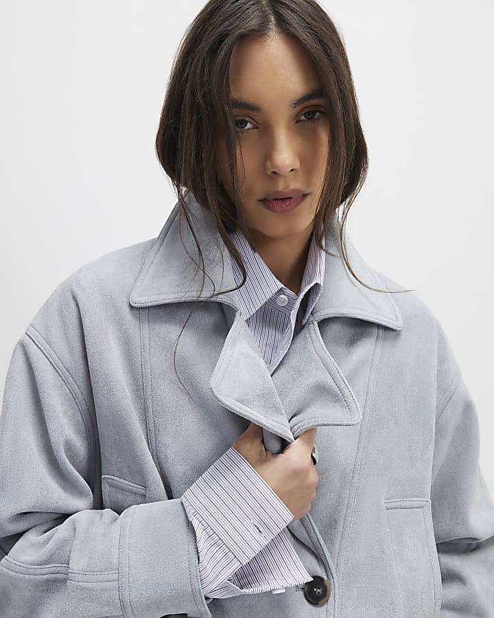 Blue Faux Suede Collared Bomber Jacket