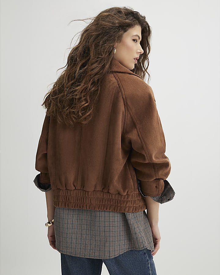 Brown Faux Suede Dropped Bomber Jacket