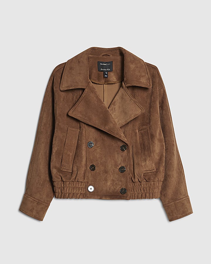 Brown Faux Suede Dropped Bomber Jacket