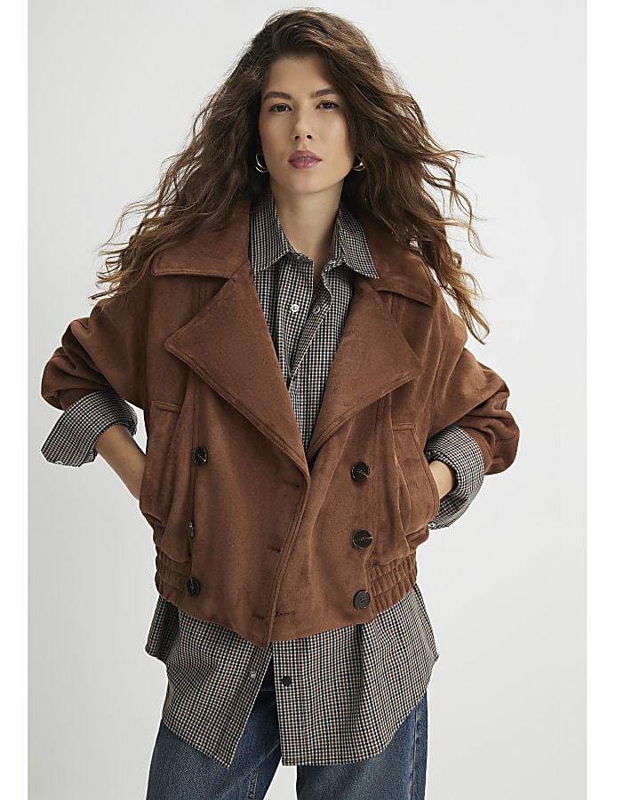 Brown Faux Suede Dropped Bomber Jacket