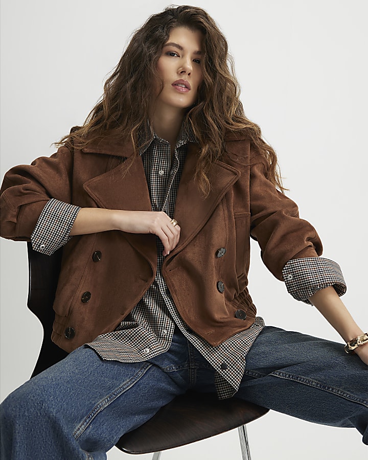 Brown Faux Suede Dropped Bomber Jacket