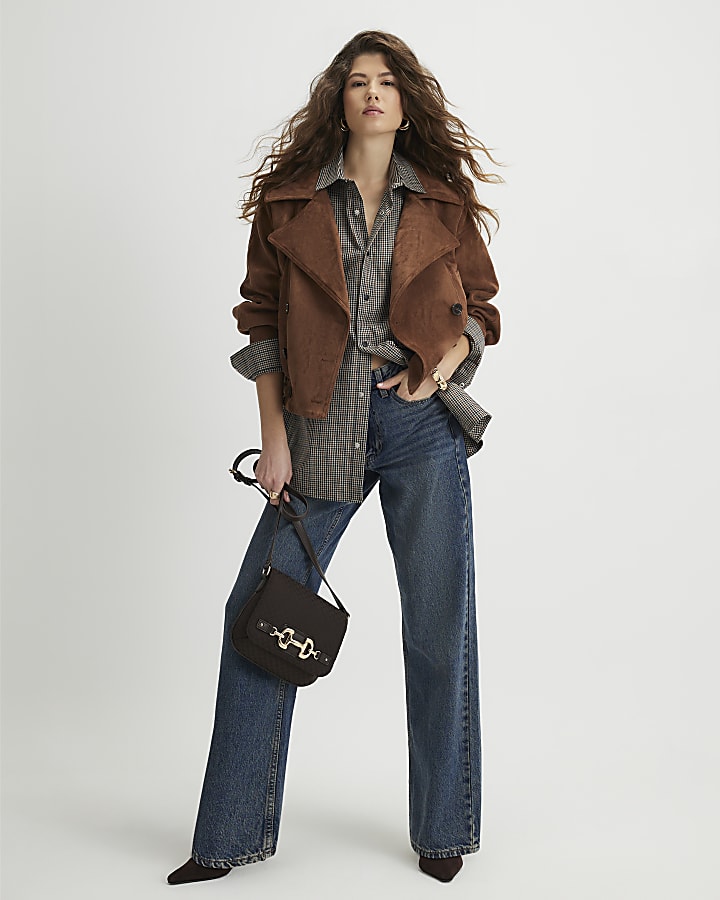 Brown Faux Suede Dropped Bomber Jacket