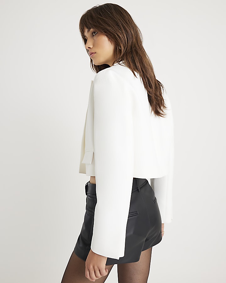 White Long Sleeve Lapel Detail Cropped Blazer
