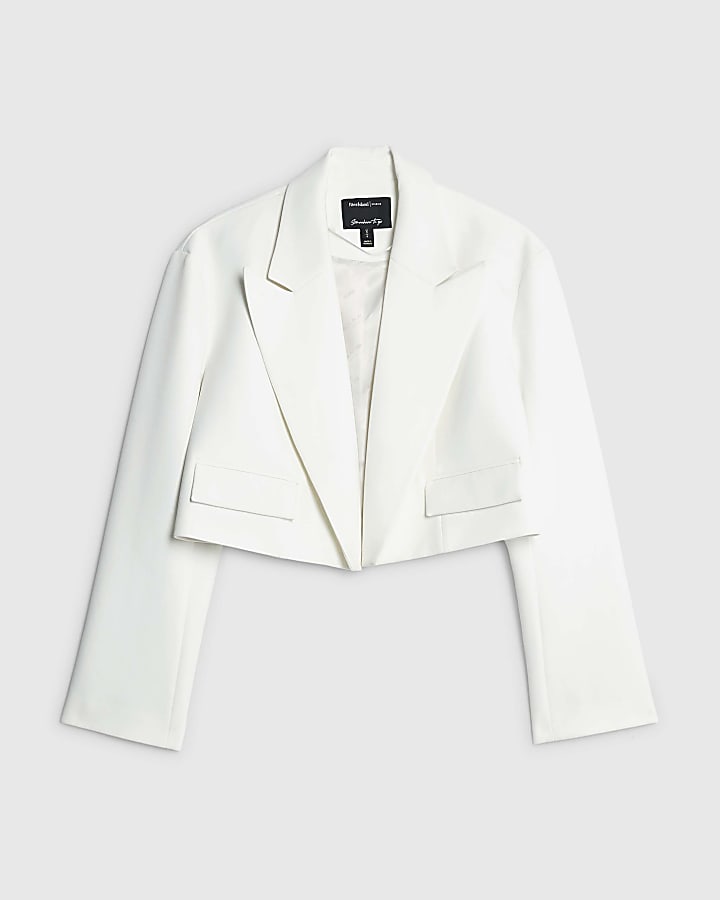 White Long Sleeve Lapel Detail Cropped Blazer