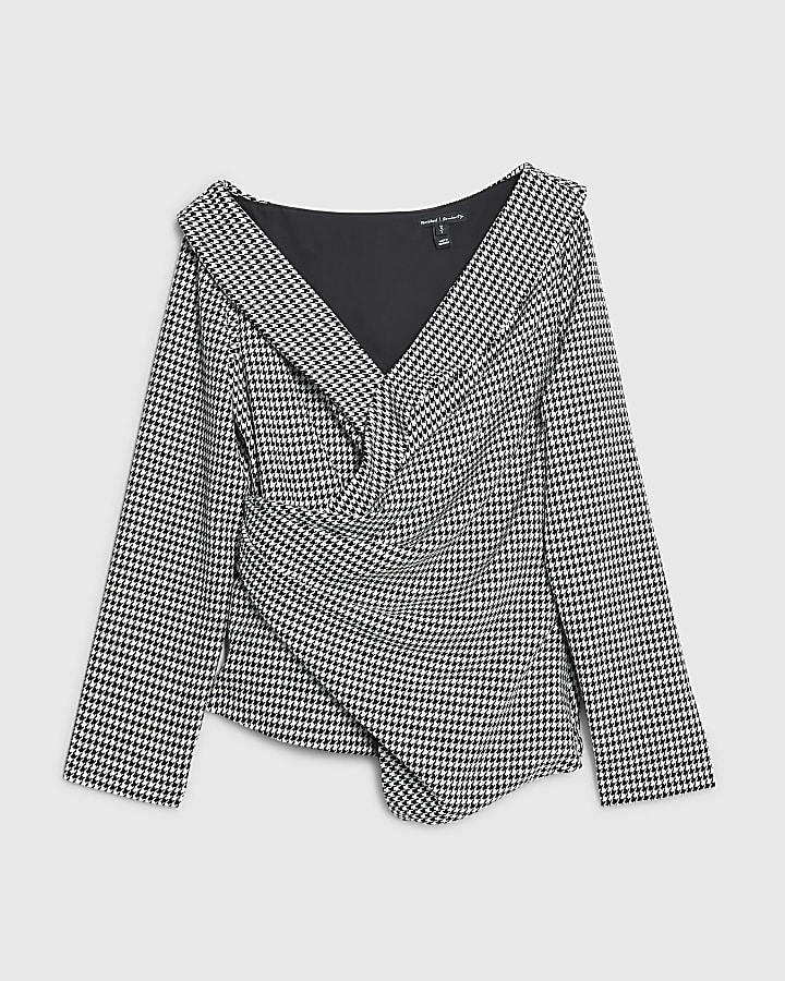 Black Dogtooth Wrap Asymmetric Top