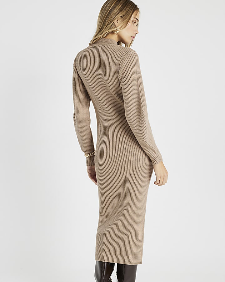 Beige Knitted Structured Sleeve Midi Dress