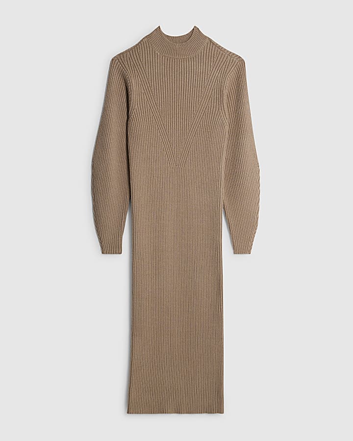 Beige Knitted Structured Sleeve Midi Dress