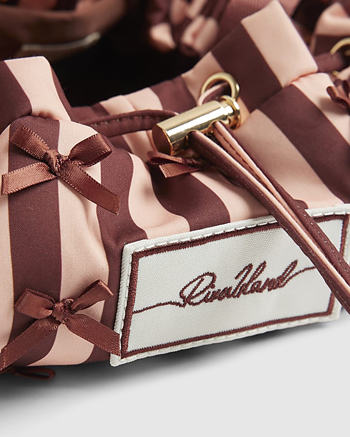 Pink Bow Stripe Drawstring Makeup Bag