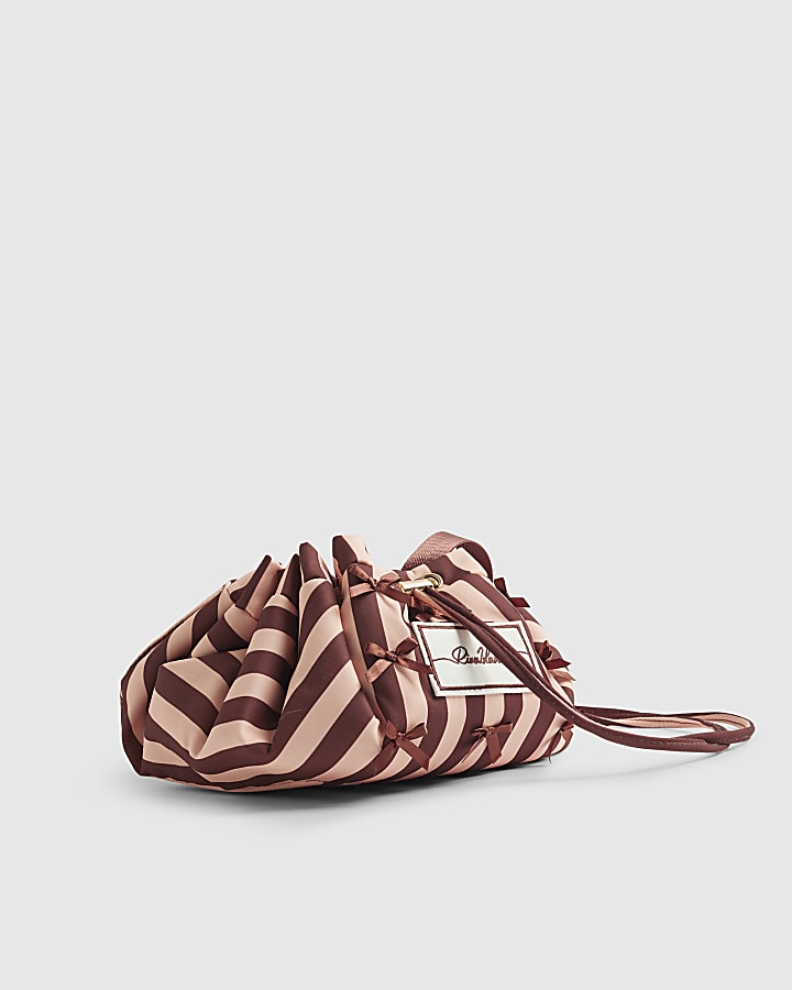 Pink Bow Stripe Drawstring Makeup Bag