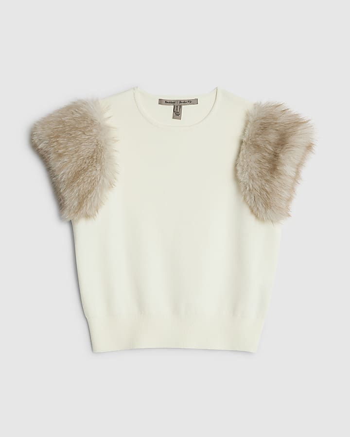 Cream Faux Fur Short Sleeve Top