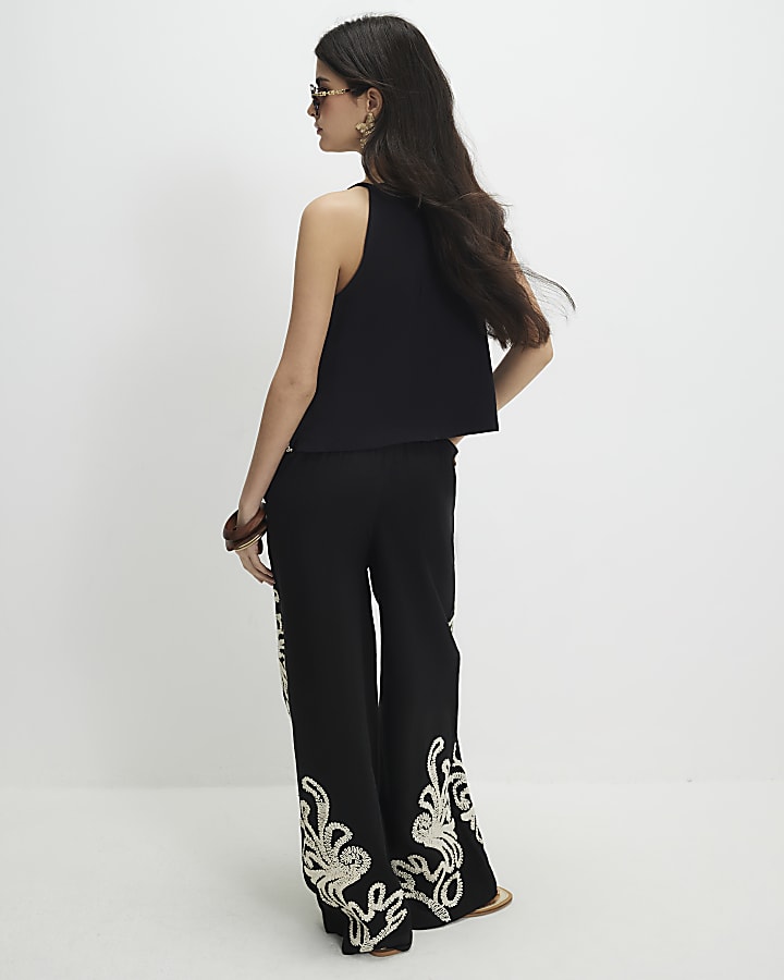 Petite Black Embroidered Wide Leg Trousers