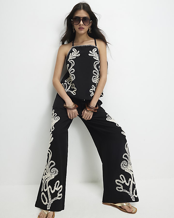 Petite Black Embroidered Wide Leg Trousers