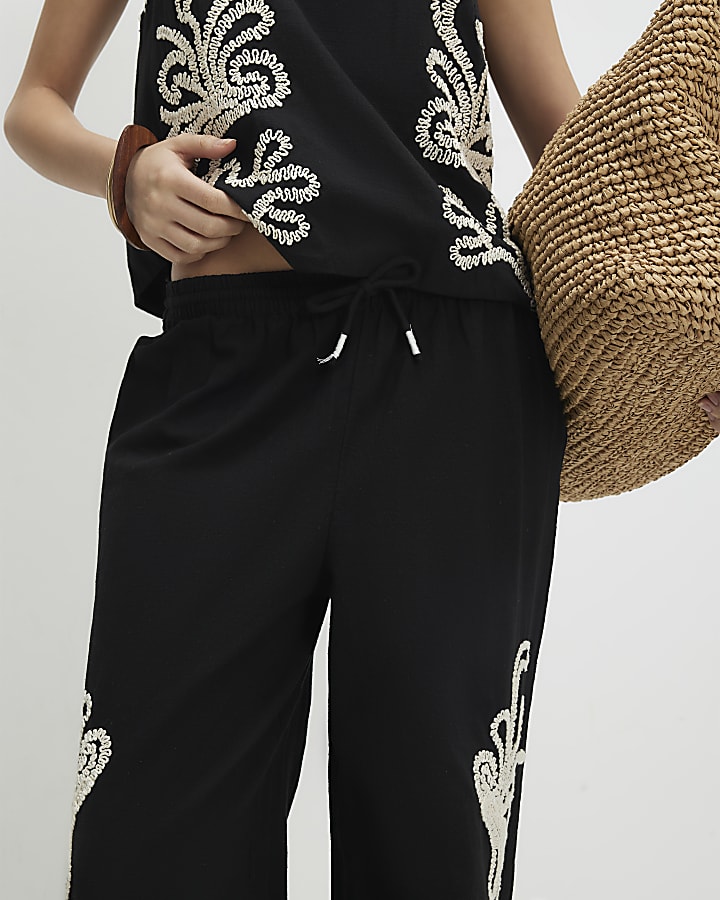 Petite Black Embroidered Wide Leg Trousers