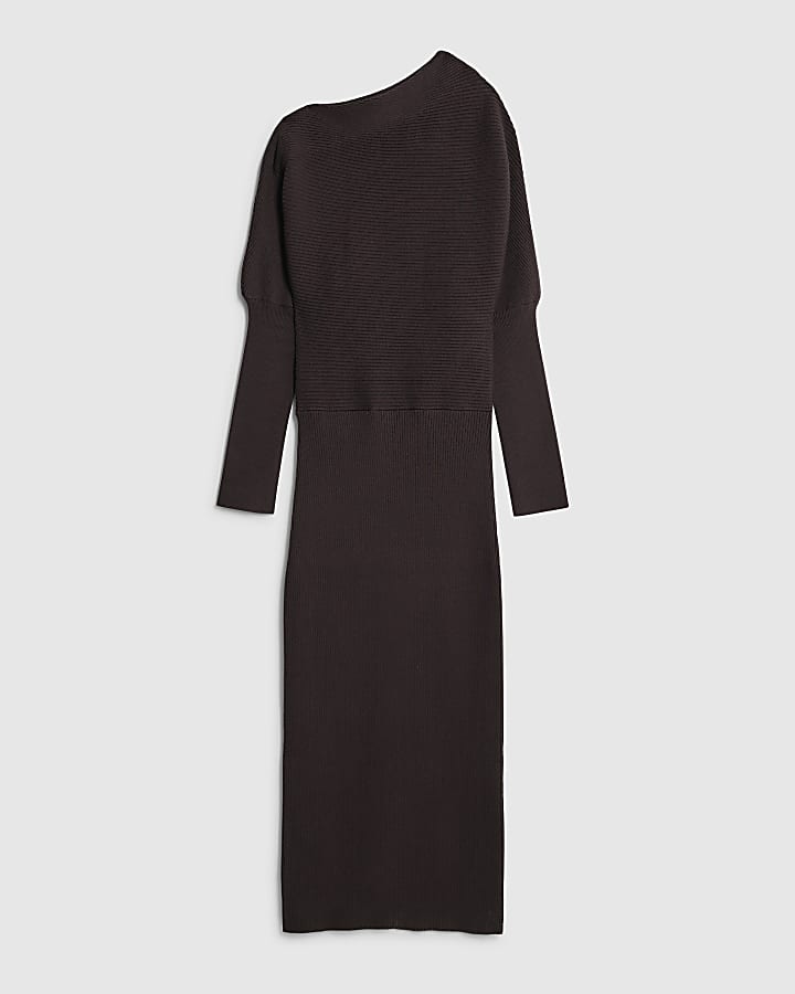Brown Knitted Off Shoulder Midi Dress